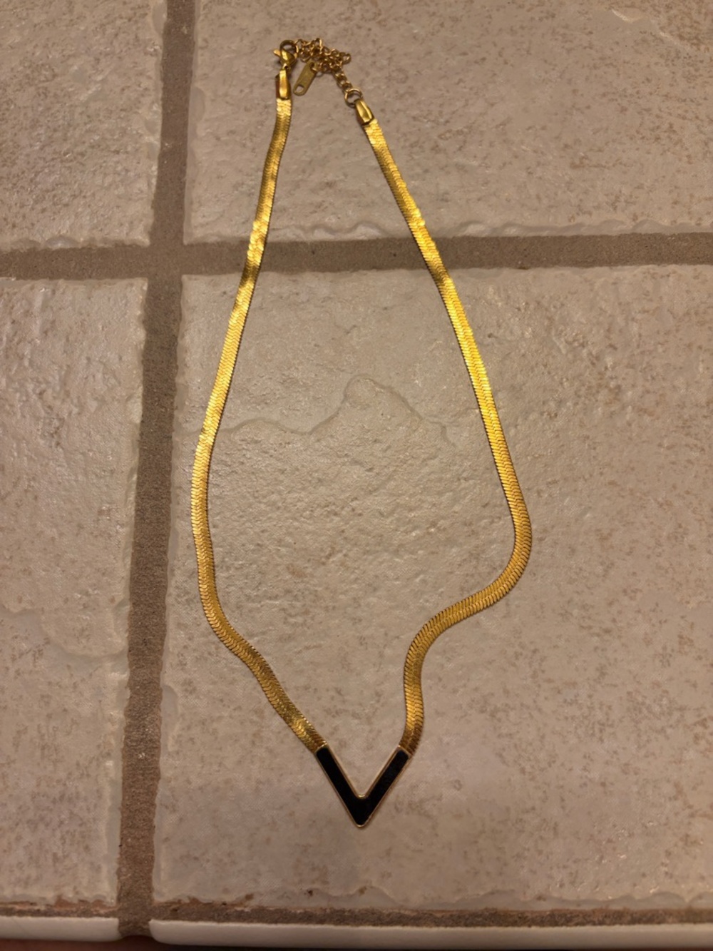 Gold V-Point Herringbone Necklace with Black Accent